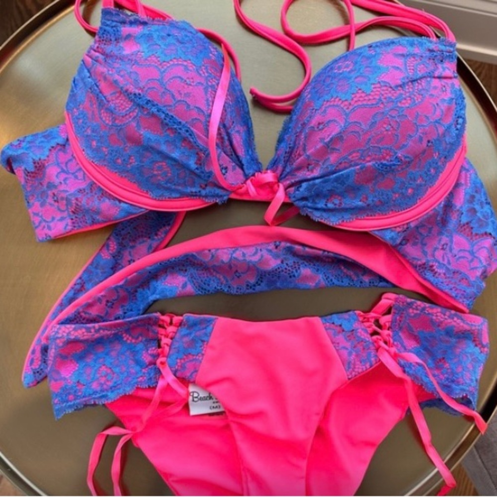 Beach Bunny Hot Pink and Blue Lace Push-Up Bikini
